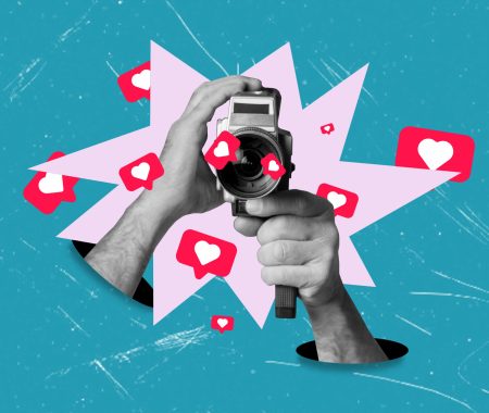 Modern art design collage hand holding vintage video camera. Shot footage popular video shooting online media isolated on blue background color